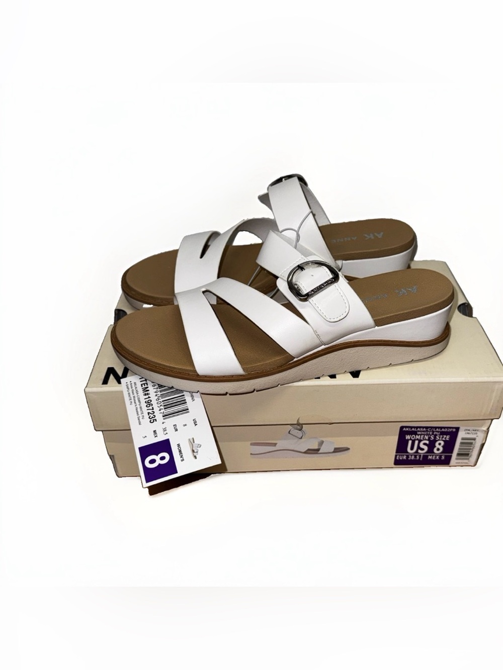 Anne Klein Lalasa Sandals Women’s 8, White Wedge Heel Buckle Strappy Slide- NWT